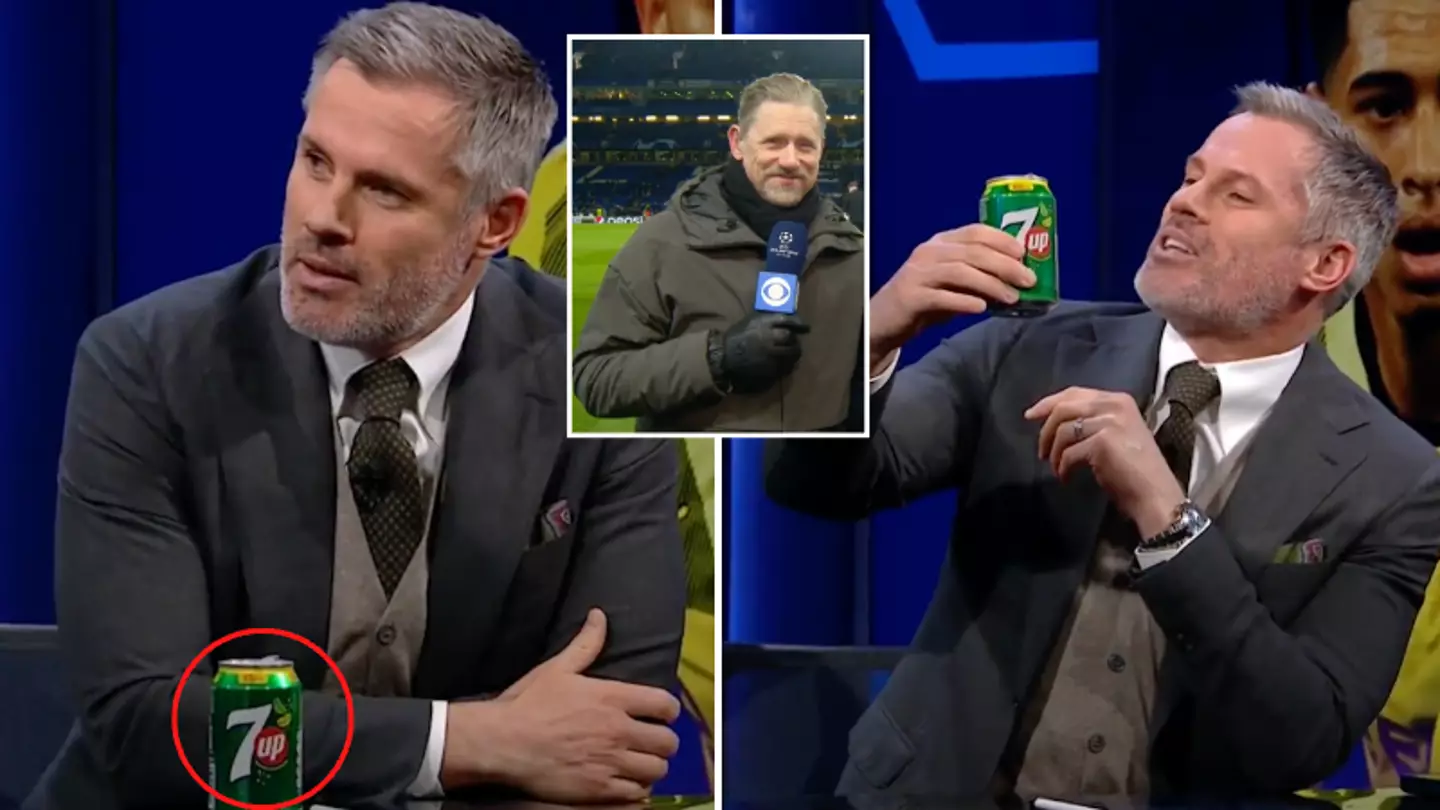 Jamie Carragher drinks a can of 7up as he brutally reminds Peter Schmeichel of Liverpool's 7-0 win over Man United