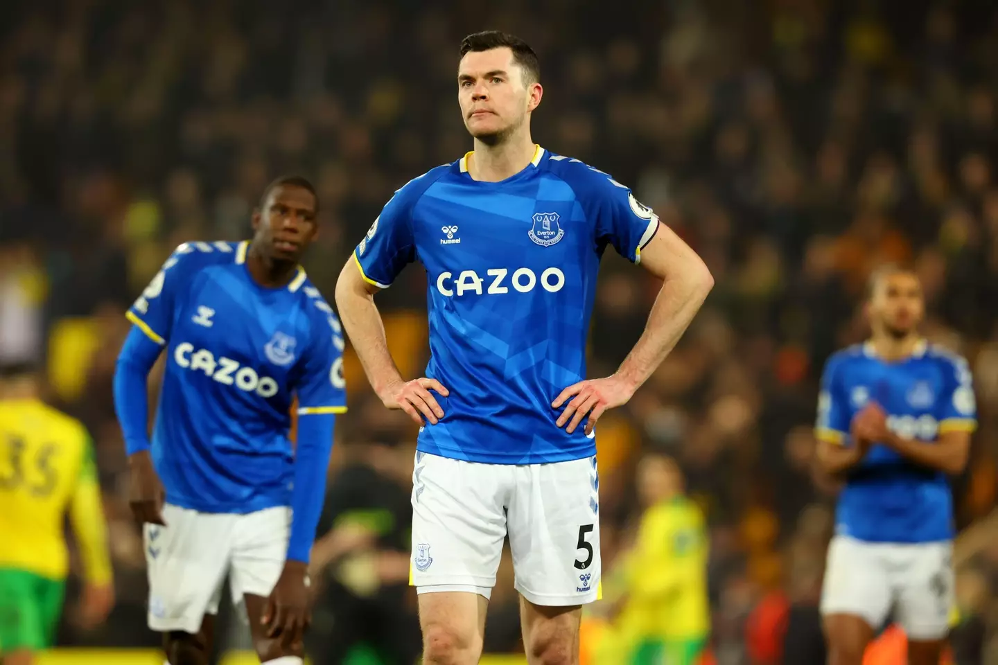 Everton players dejected at full time against Norwich. Image: PA Images