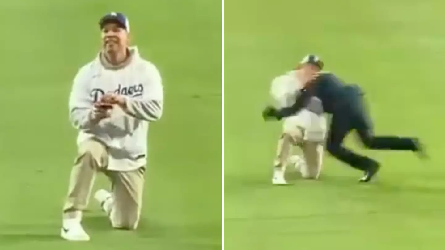 Baseball fan runs onto field to propose to girlfriend, gets spear tackled by security
