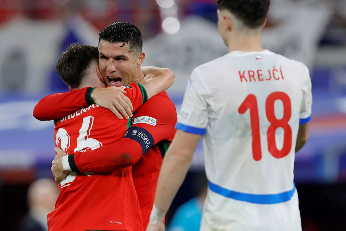 Cristiano Ronaldo and Francisco Conceicao celebrates Portugal's 2-1 win over Czechia at Euro 2024 (