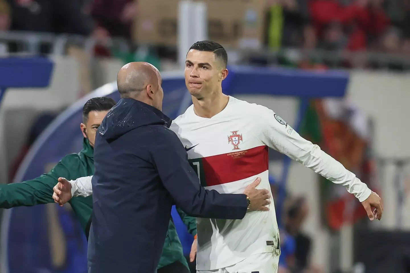 Roberto Martinez and Cristiano Ronaldo embrace during Portugal's game against Luxembourg. Image: Alamy 