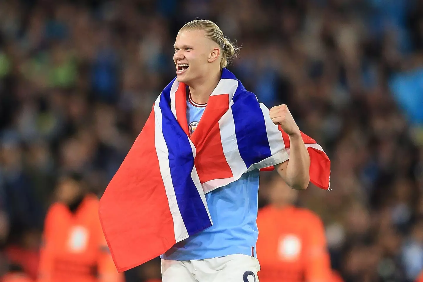 Erling Haaland celebrates Manchester City's victory over Real Madrid. Image: Alamy 