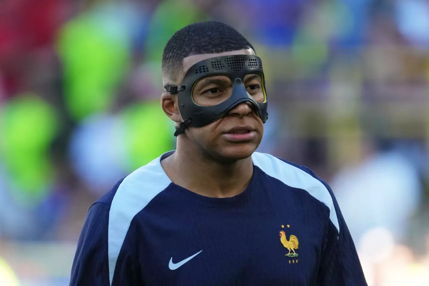 France's Kylian Mbappe pictured wearing a mask in the Euro 2024 group stage match against Poland (