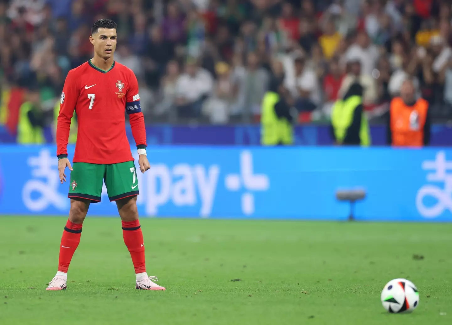 Cristiano Ronaldo prepares to take a free-kick against Slovenia. Image: Getty 