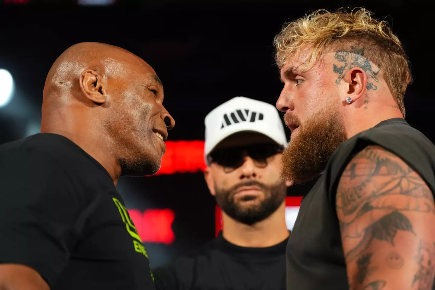 Mike Tyson and Jake Paul face off ahead of their fight on July 20. Image: Getty