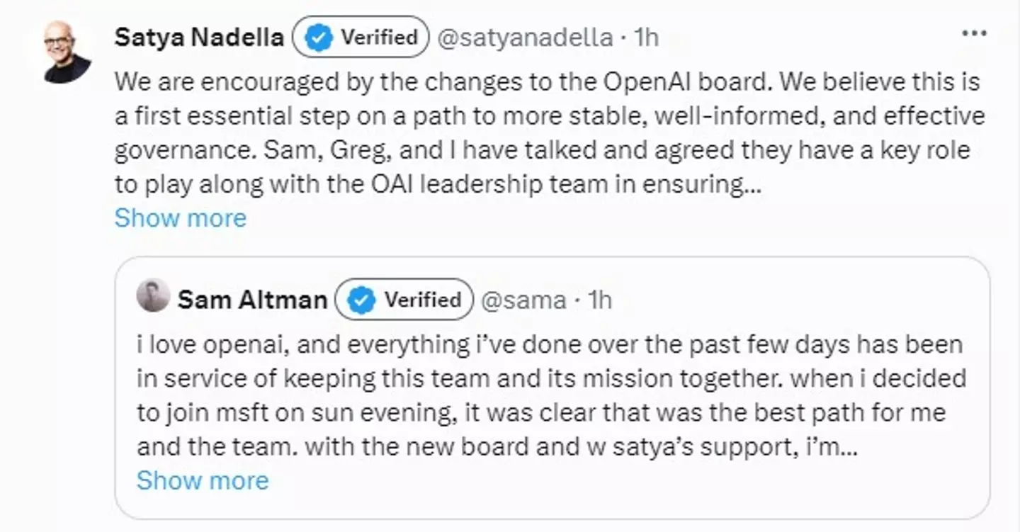 Sam Altman posted on X following his reinstatement at OpenAI 