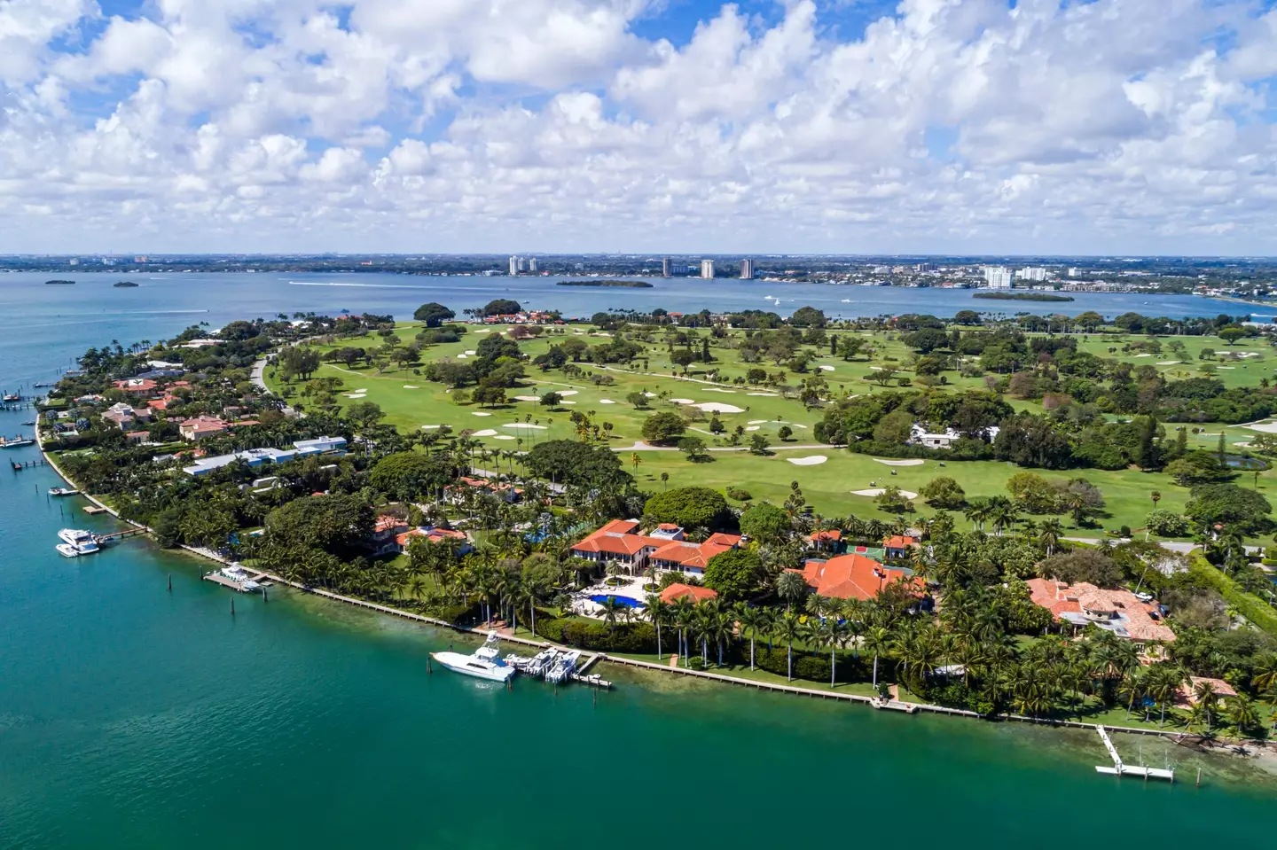 Florida, Miami, Indian Creek Island, country club, golf course on Billionairs Bunker, aerial view.
