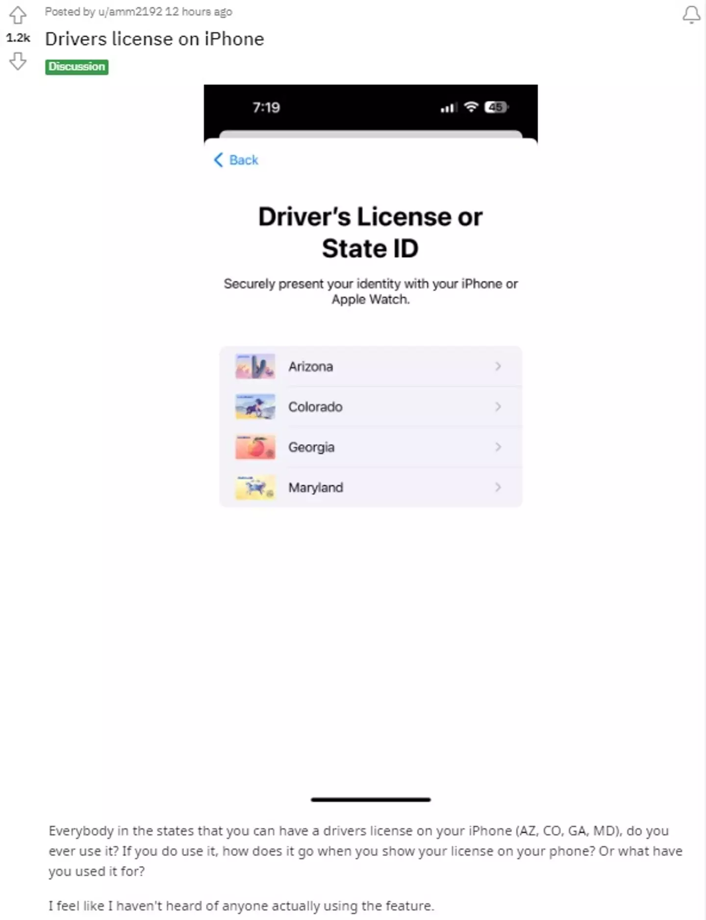 One Redditor is asking about the Apple feature that lets you store your driver's license on your iPhone or Apple Watch.
