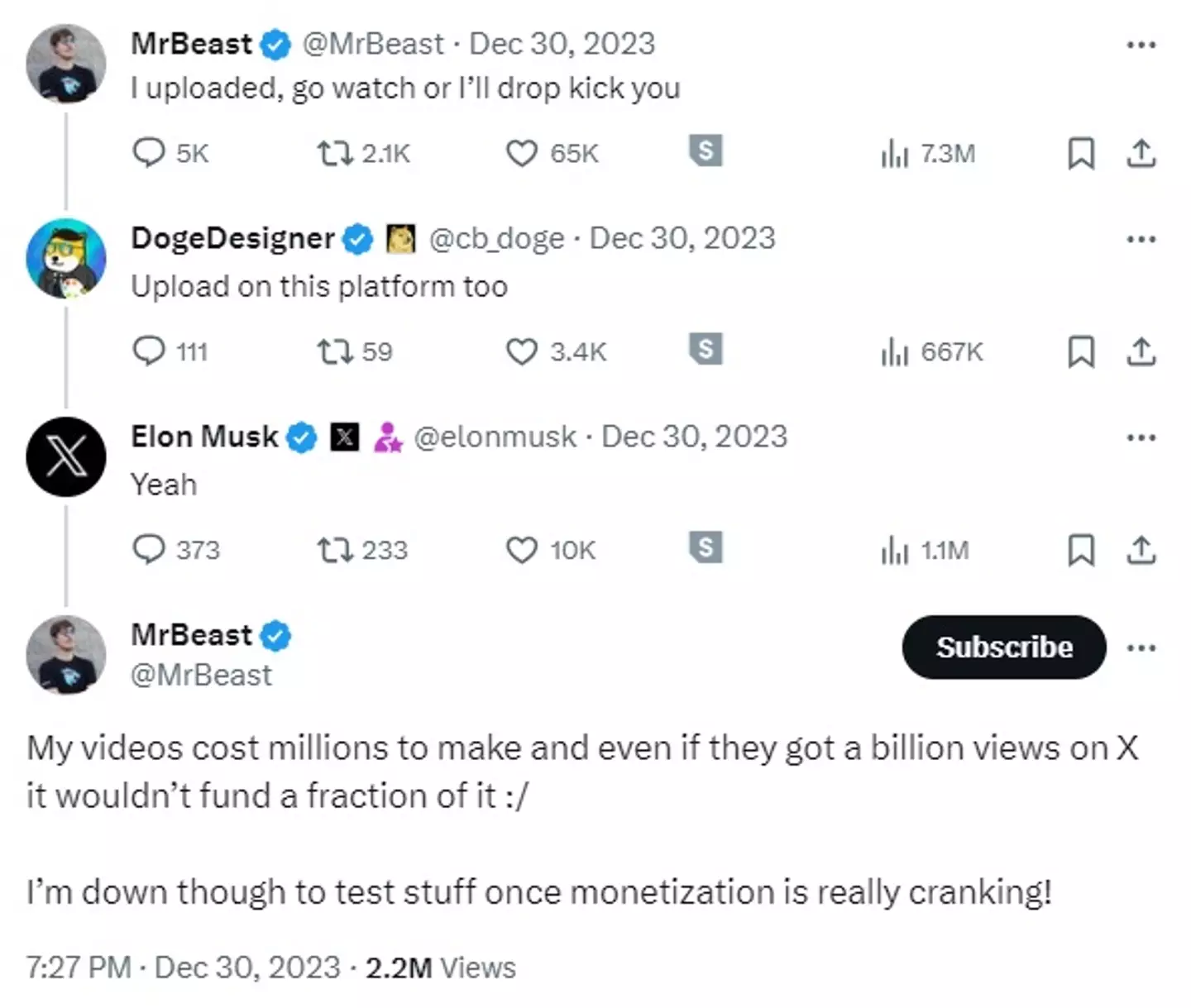 Elon Musk's exchange with MrBeast is going viral on X.