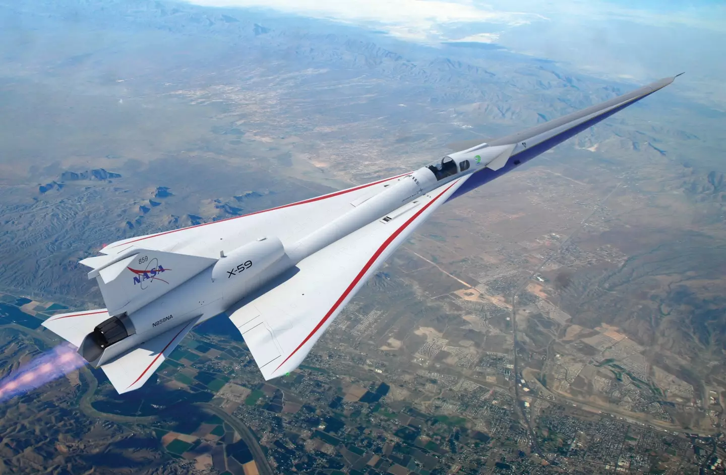 An artist's recreation of the X-59 in flight.