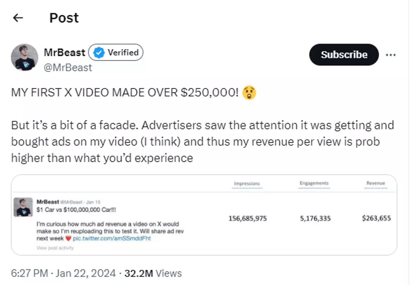 A previous X post shared by MrBeast.