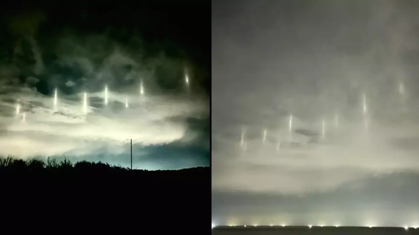 Town baffled after looking up to see nine pillars of light in night sky