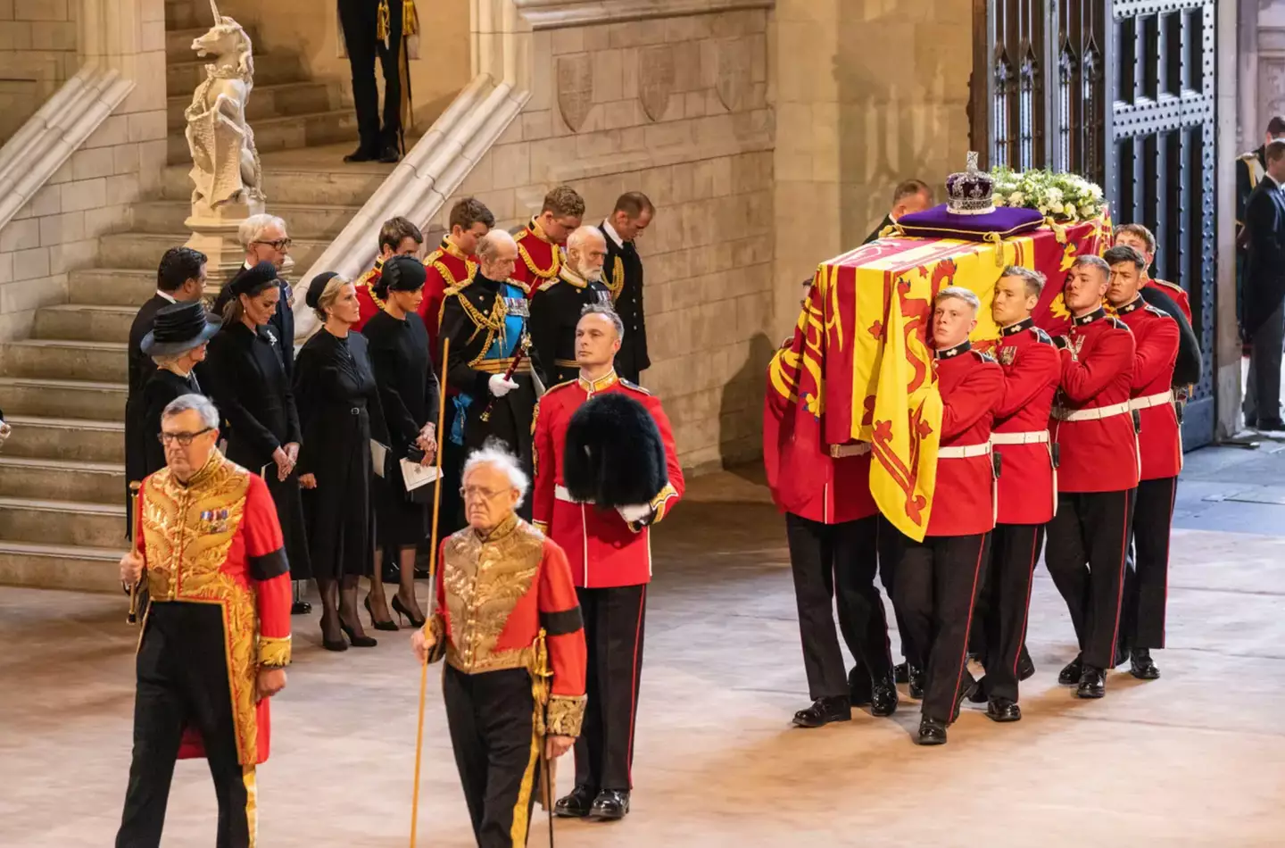 The pallbearers carried the late monarch's 500lb coffin from Westminster Hall to St George’s Chapel.