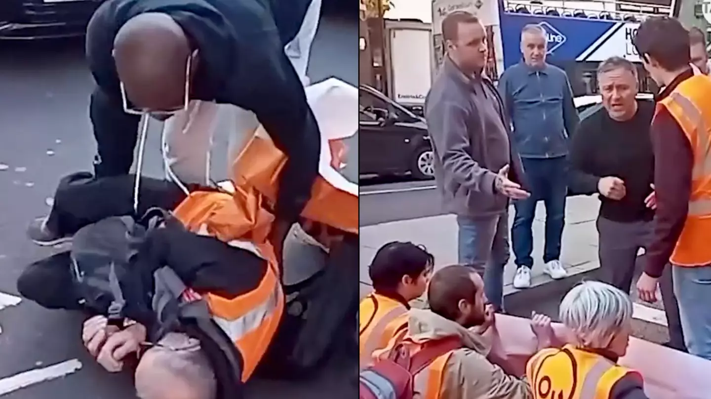 Furious drivers confront Just Stop Oil Protesters and try to drag them off the road