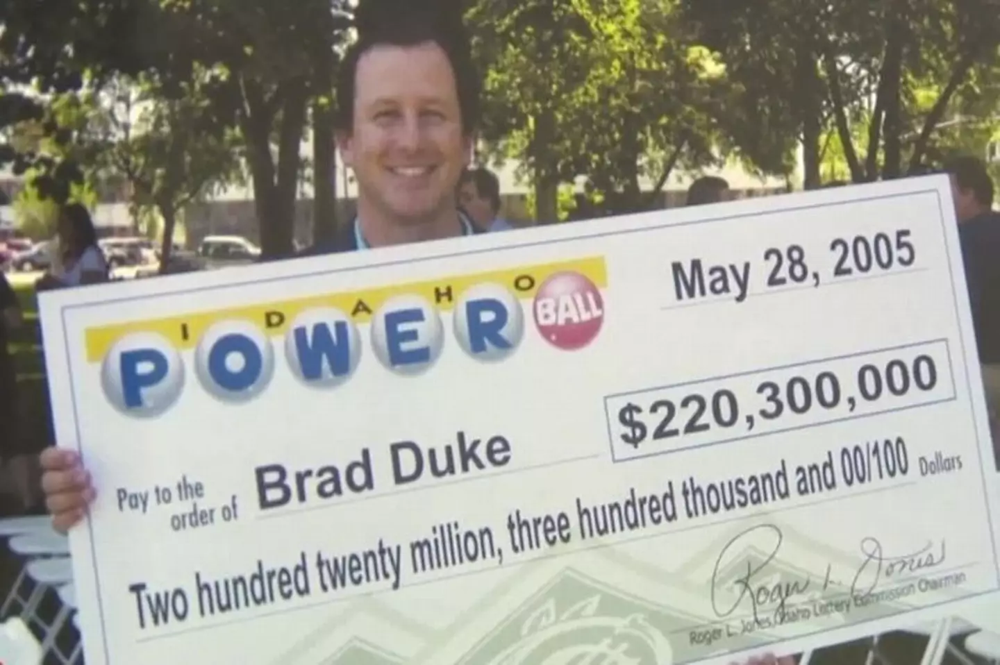 Brad Duke celebrating his Powerball jackpot win in 2005.