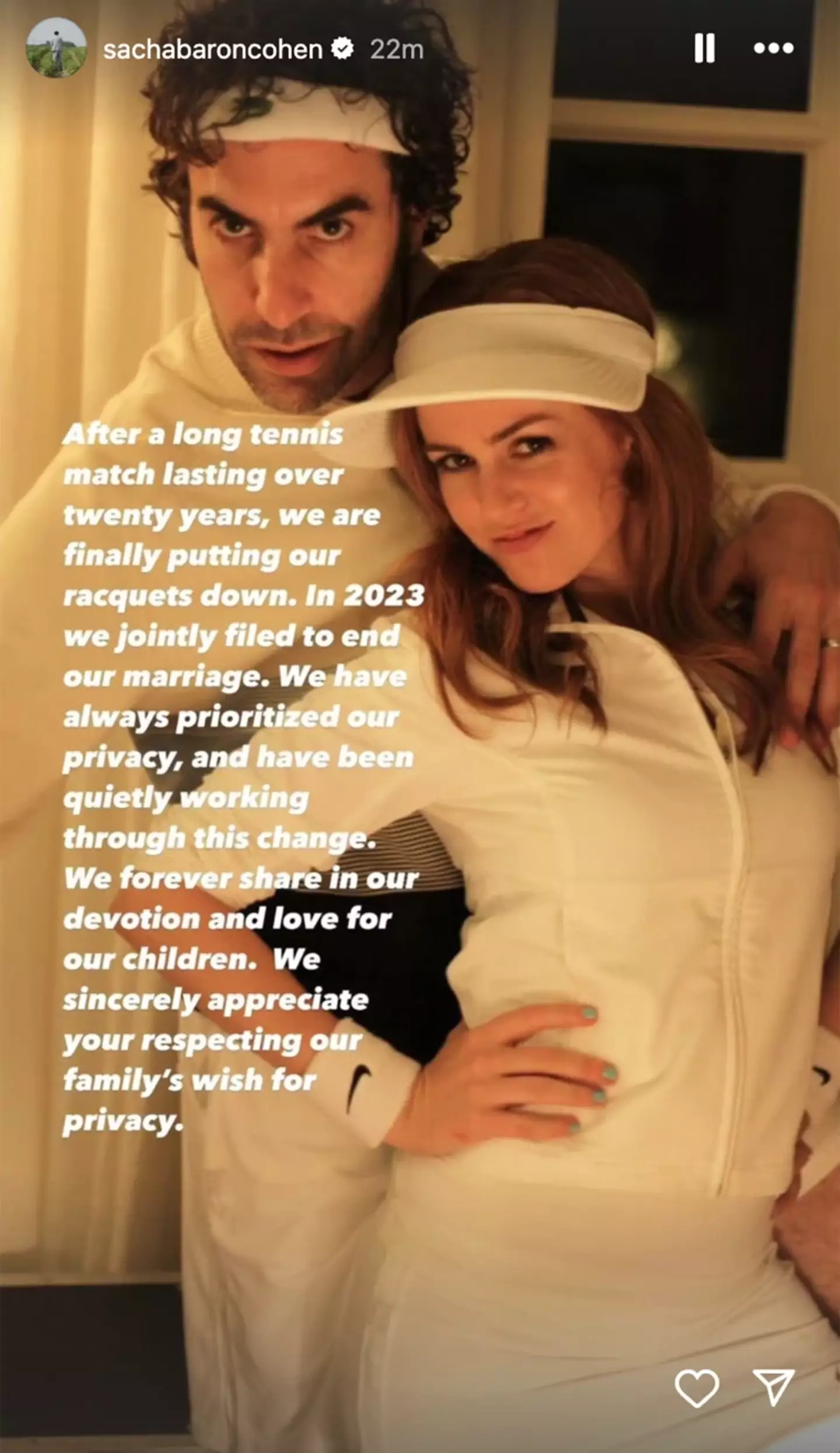 Sacha Baron Cohen and Isla Fisher's divorce announcement. (Instagram/@islafisher)