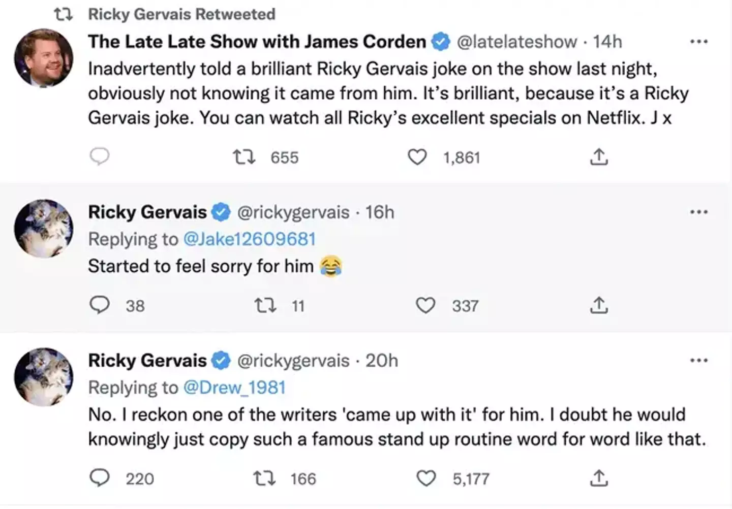 Gervais deleted his initial response because he felt 'sorry' for Corden.