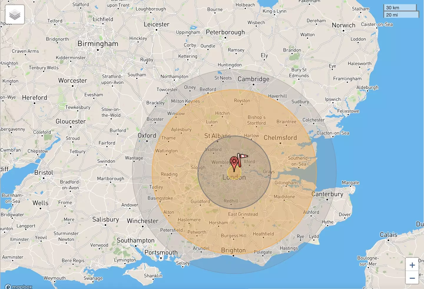One particular website, NUKEMAP, shows what could be the Tsar Bomba’s fallout from England’s capital reaching as far as Cambridge, Canterbury, Brighton, Winchester and Oxford and causing around 5,920,060 if it were to be detonated, according to the site.