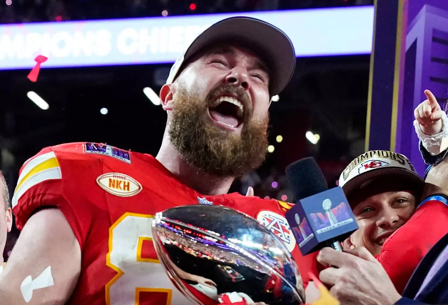 Travis Kelce lifted the Lombardi trophy yet again.