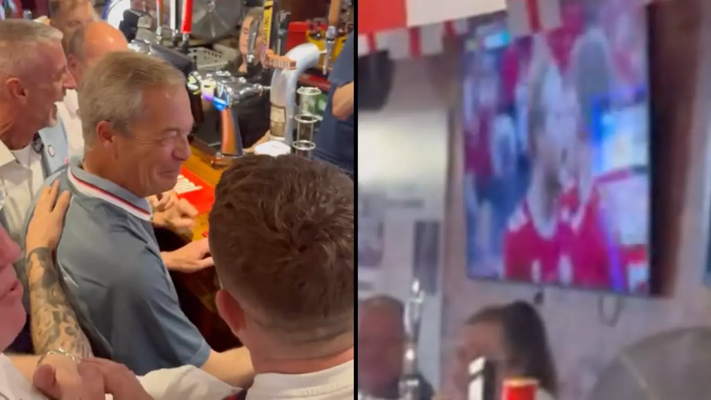 People notice incredibly awkward detail as Nigel Farage celebrates with fans in pub during England game