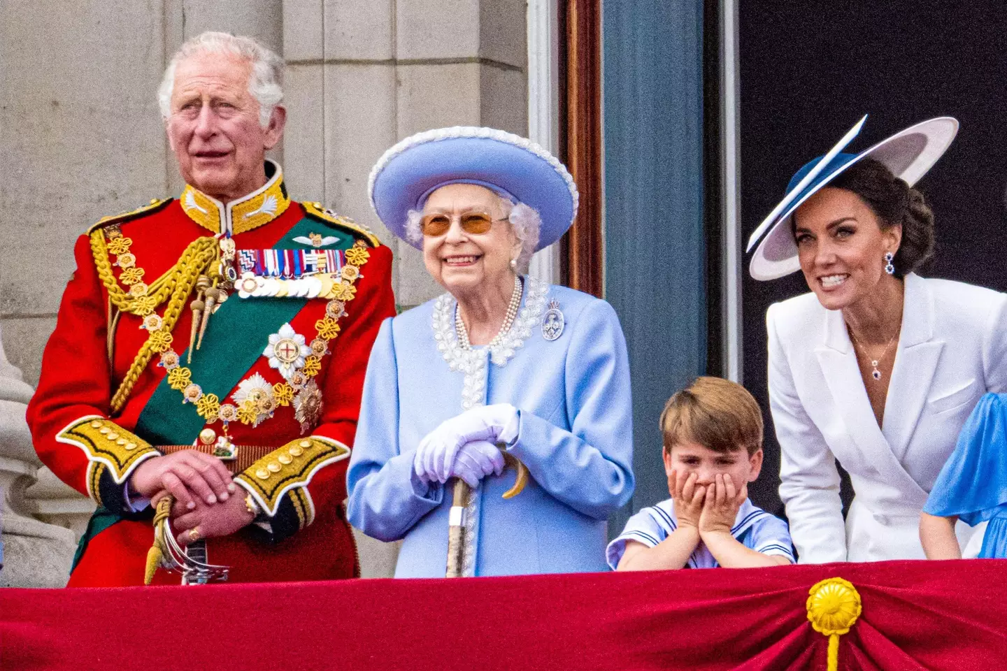 Queen Elizabeth II, Prince Charles, Catherine Duchess of Cambridge and Prince Louis during 2022 Trooping the Colour celebrations, marking the monarch's official birthday and her 70 year Jubilee, in London.