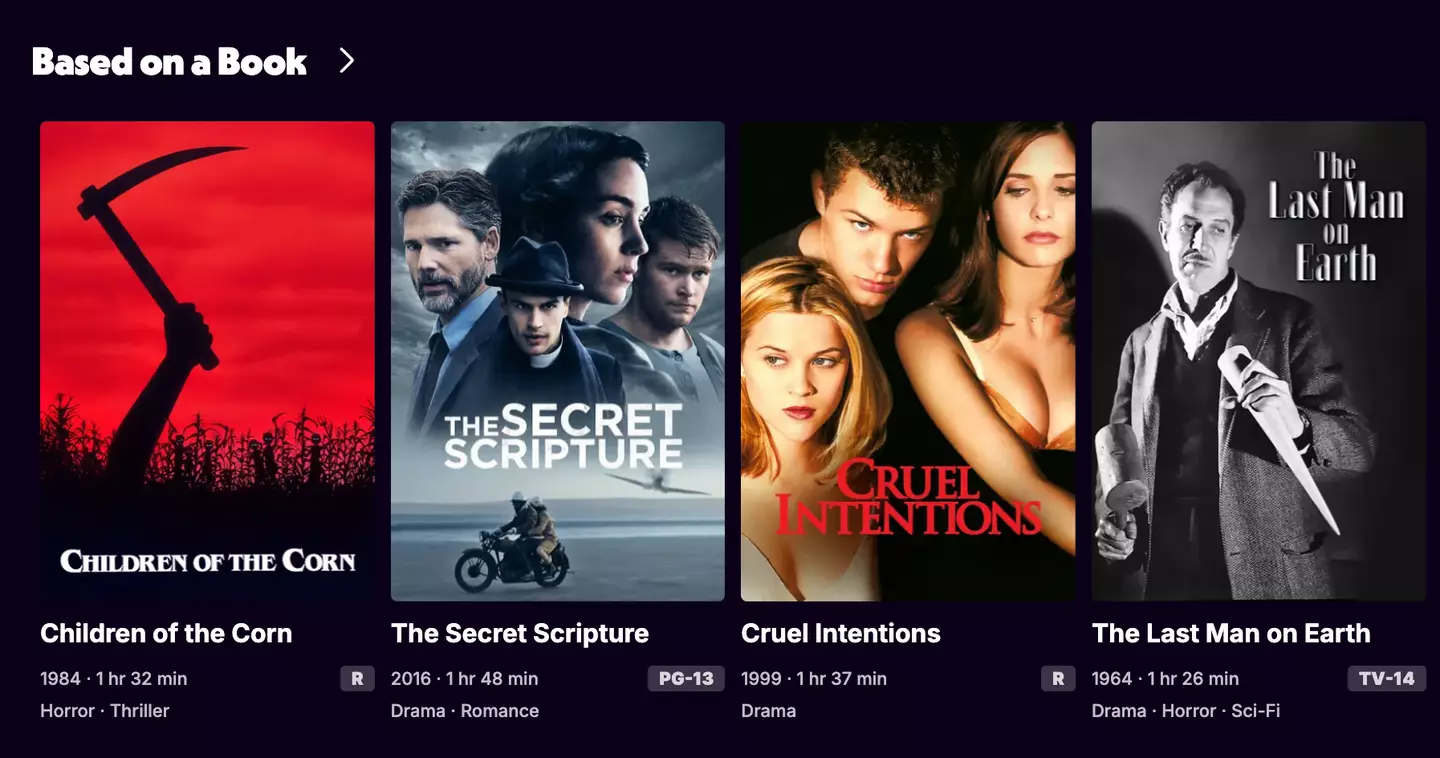 There's a 'Based on a Book' section (Tubi)