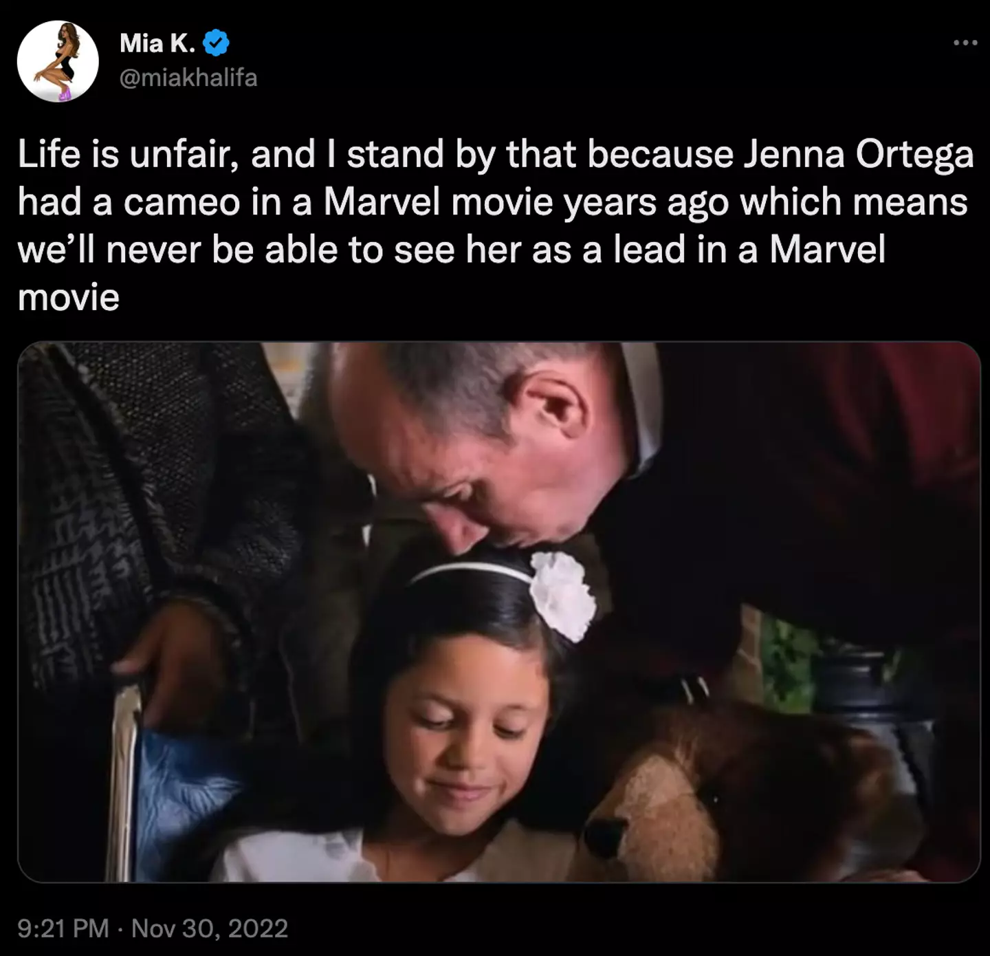 Mia Khalifa has questioned whether or not Ortega will be able to star in a Marvel movie after having previously featured in one.