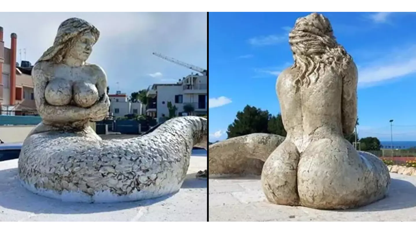 Mermaid sand sculpture with big boobs causes predictable