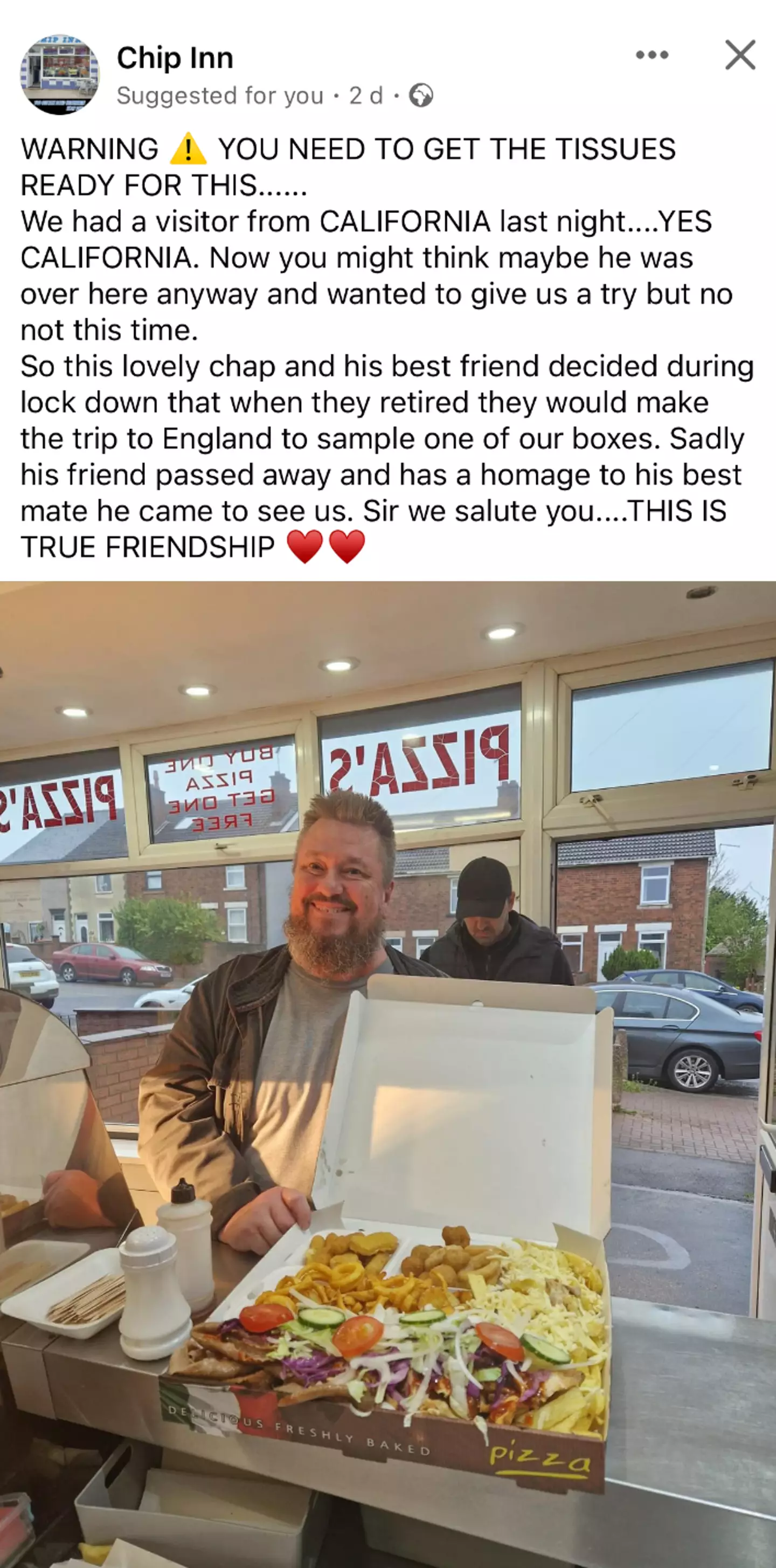 The fast food place shared one customer's incredible journey for the food. (Facebook/Chip Inn)