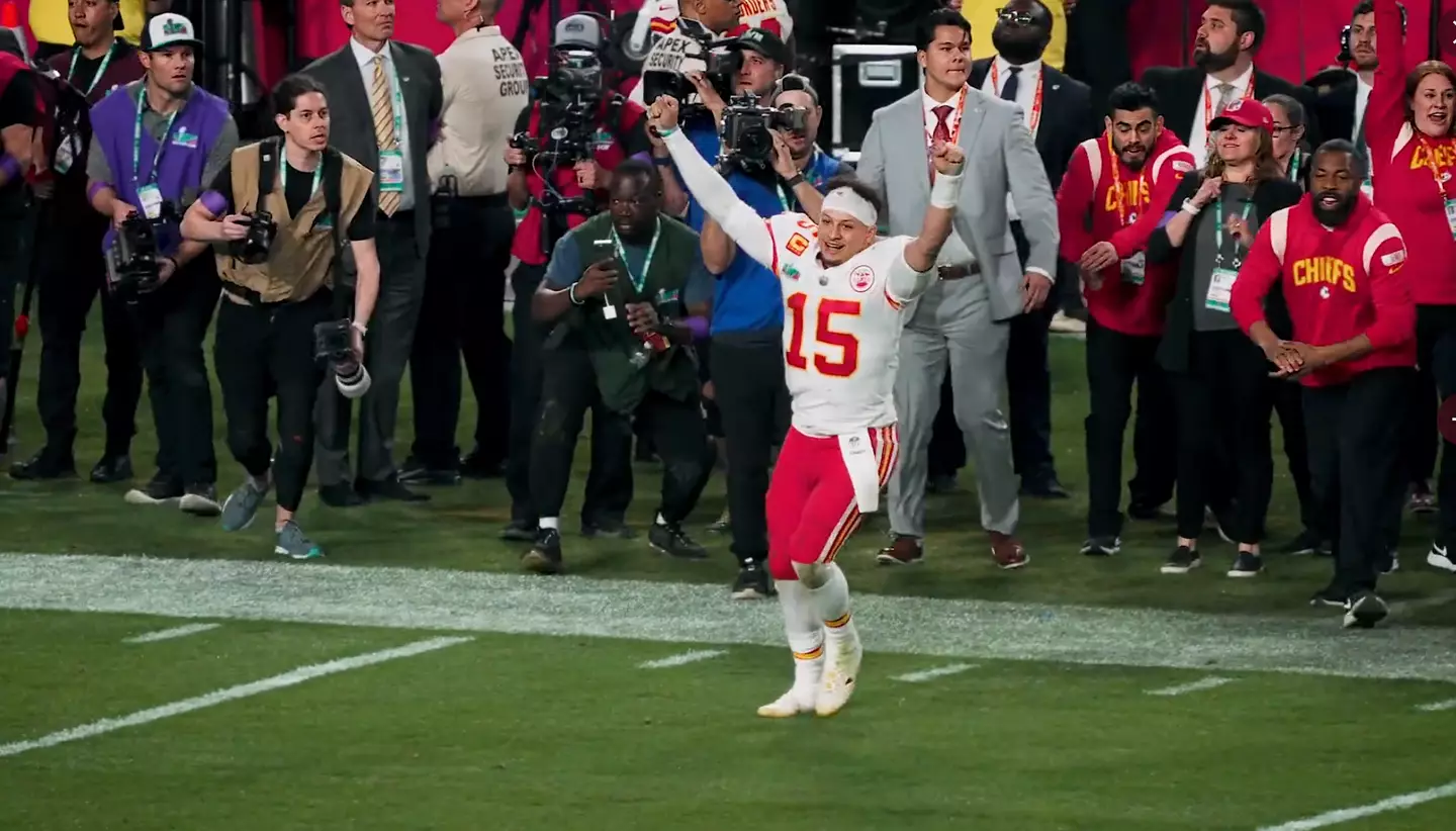 Patrick Mahomes celebrates winning the Super Bowl.