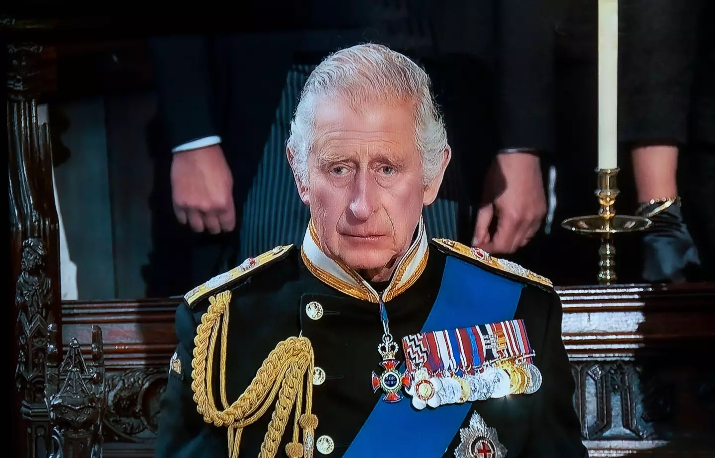 King Charles III at Queen Elizabeth II's funeral.