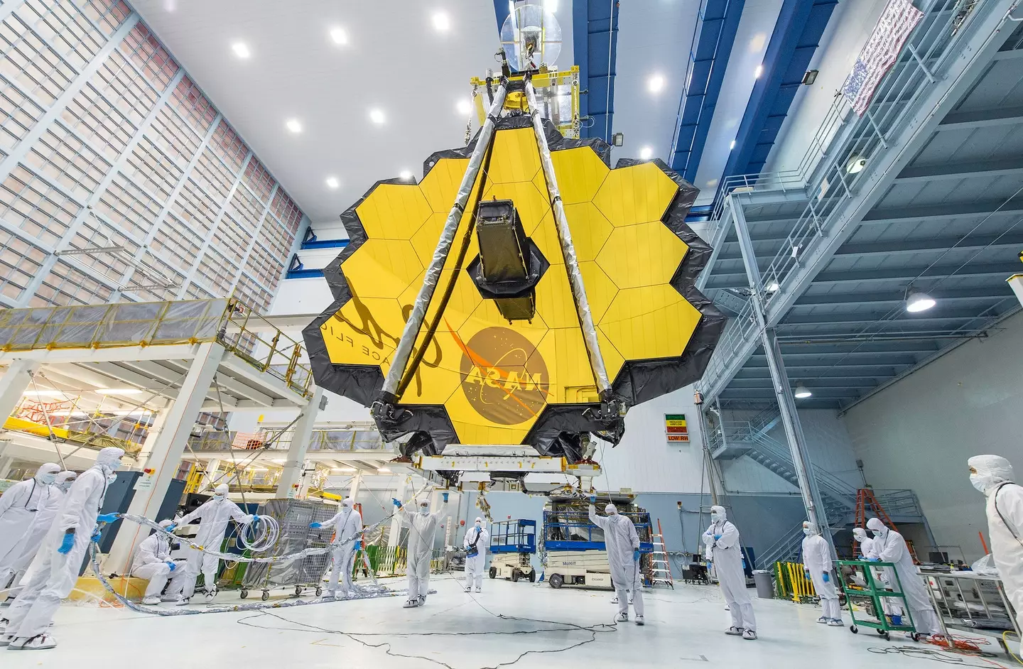 The James Webb Space Telescope being constructed before launching in to the cosmos (NASA/Desiree Stover)