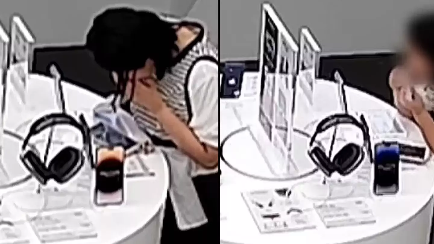 Woman tries to bite through anti-theft cable to steal iPhone 14