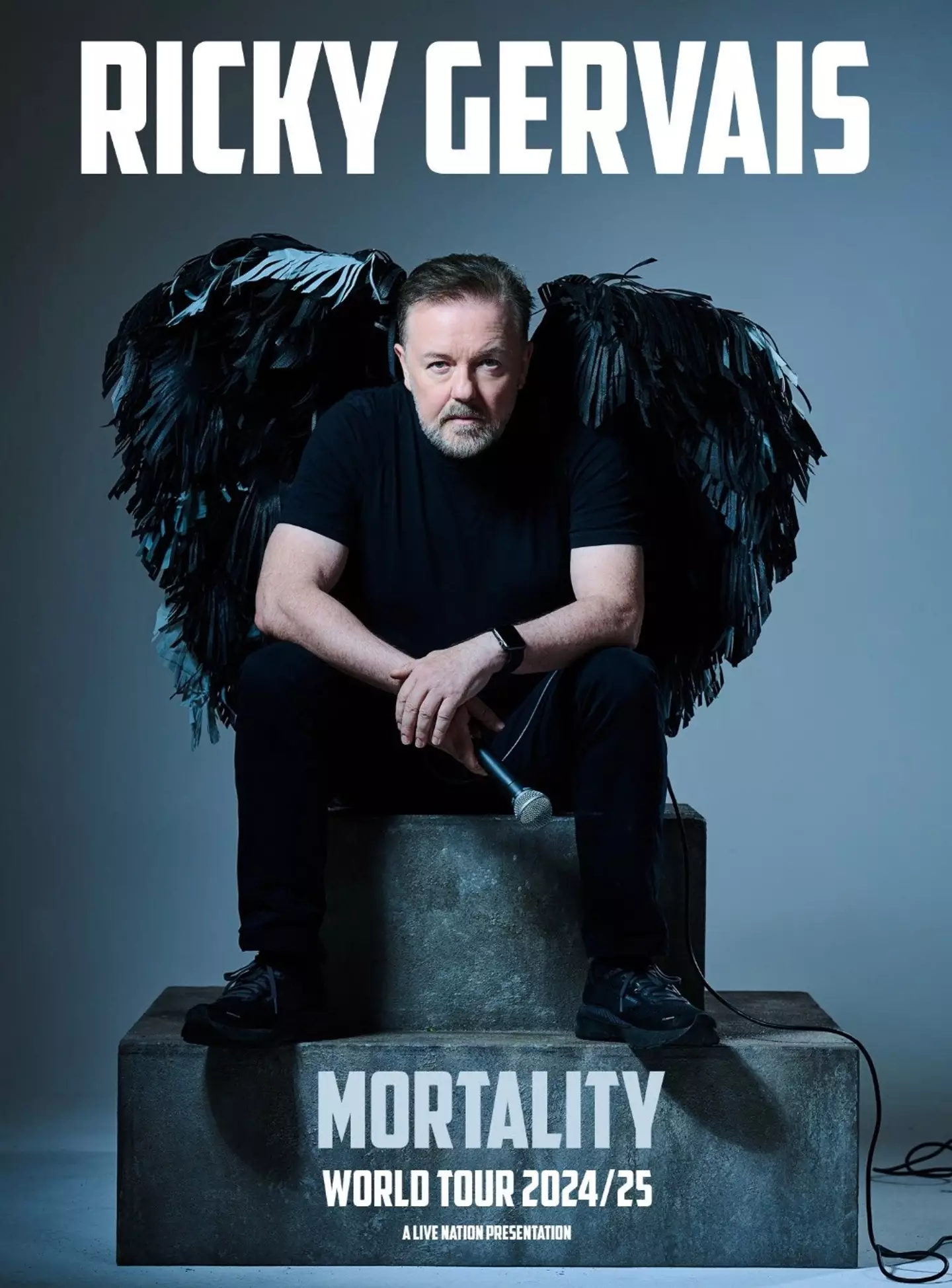Ricky Gervais is going back on the road with his brand new world tour, 'Mortality'. (Supplied)
