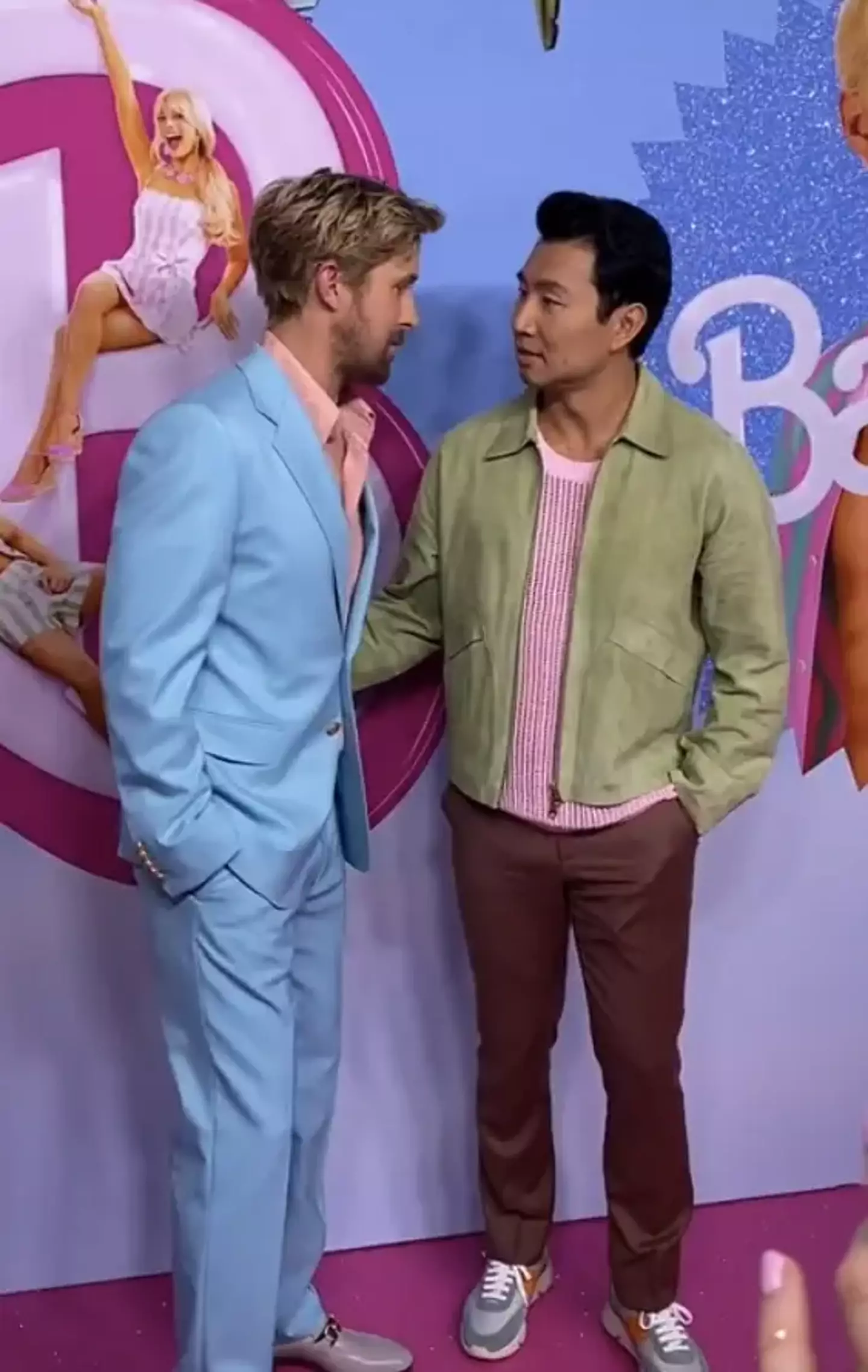 Simu Liu looked a little anxious after the encounter with co-star Ryan Gosling.