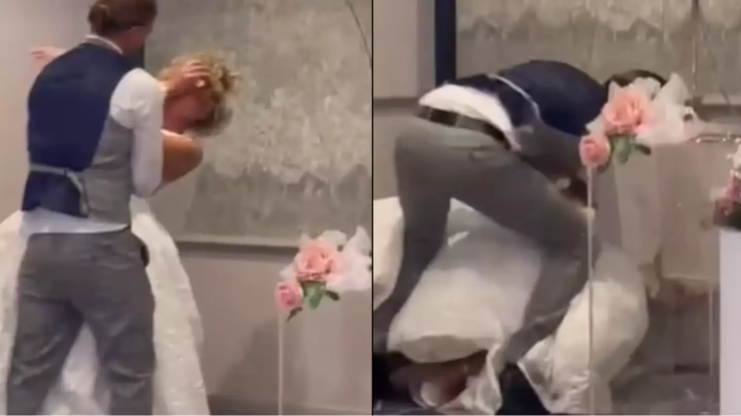 Shocking moment husband smashes cake into bride's face on wedding day