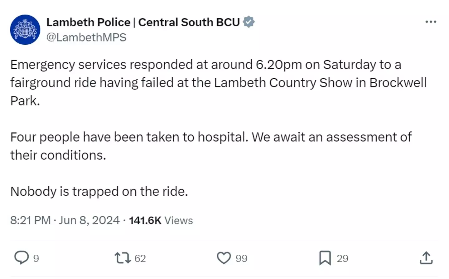 Police explained the situation to people on social media. (Twitter/@LambethMPS)