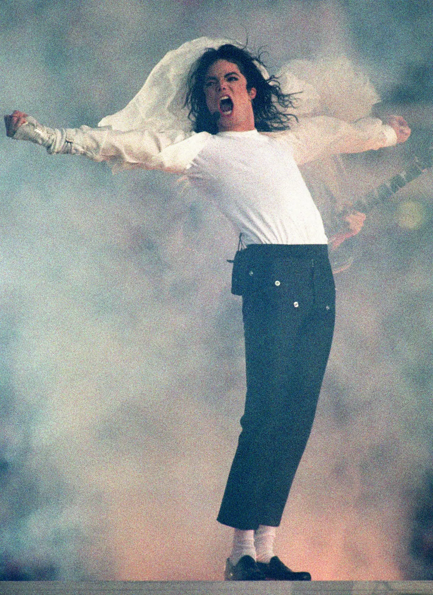 Michael Jackson performs during the 1993 Superbowl halftime show in Pasadena, California.
