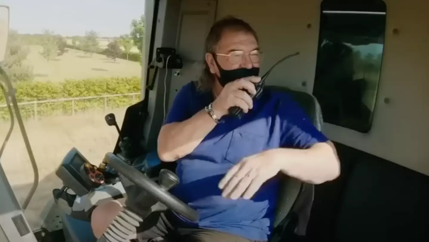 Gerald talking through a mask, over a walkie talkie, in a combine harvester. No chance (Prime Video)