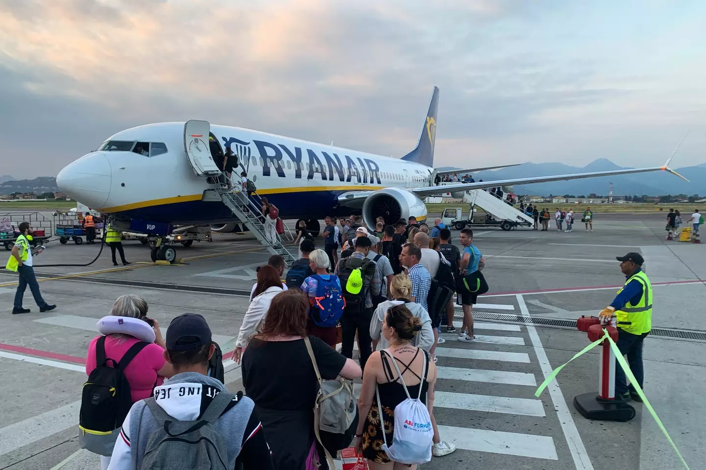 Passengers getting on a Ryanair flight.