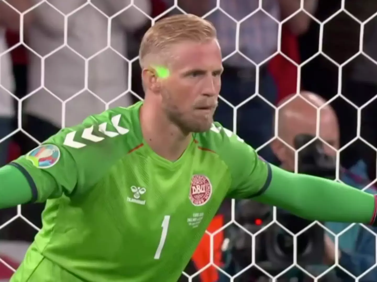 Someone tried shining a laser pointer into Kasper Schmeichel's face last time. (ITV)