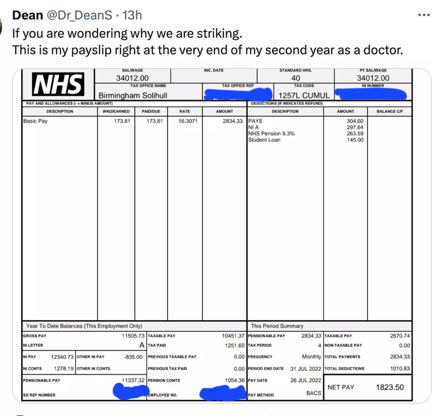 Dean shared his payslip after two years on the job.