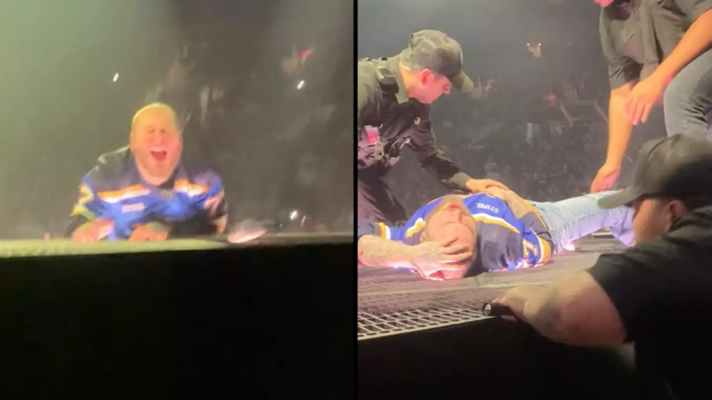 Post Malone helped out by medics after falling through stage at gig