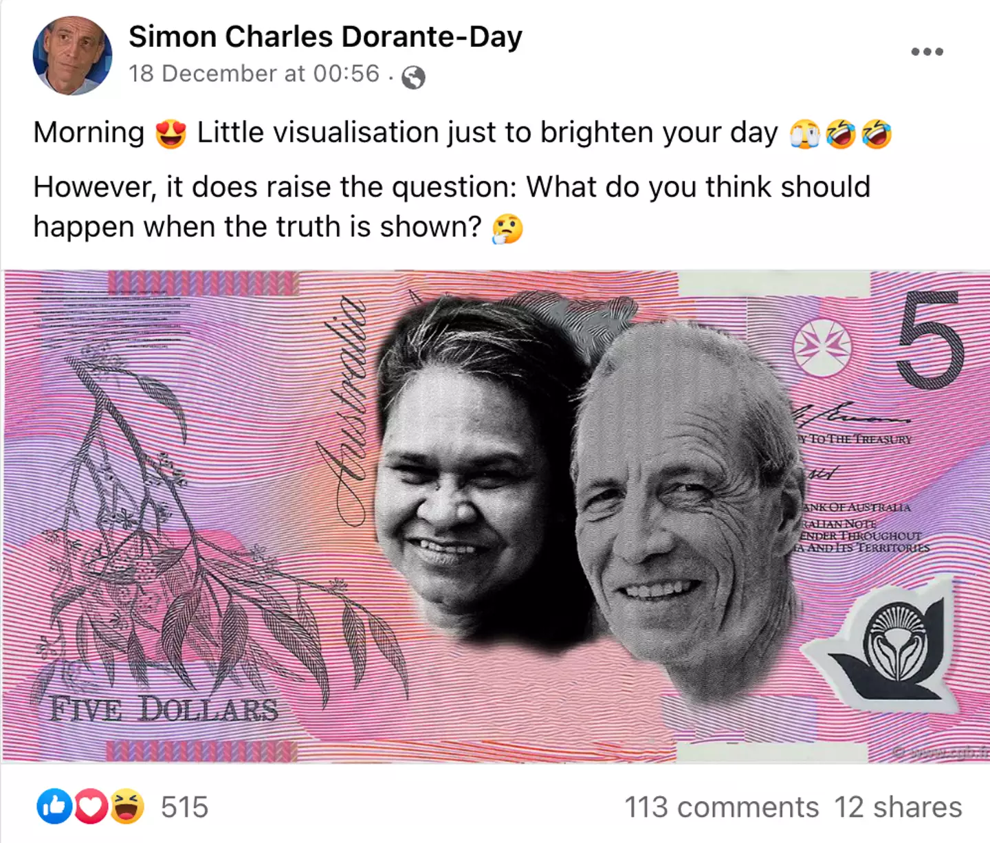 Dorante-Day posted a picture of a photograph of him and his wife on top of an Australian five dollar note.