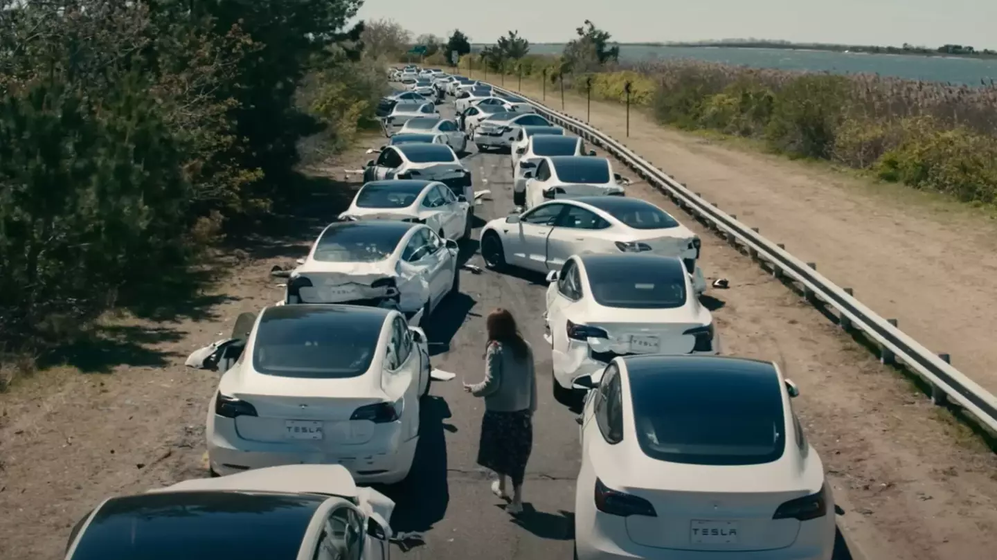 The scene showing hundreds of crashed Tesla's has got viewers - and Elon Musk - talking.