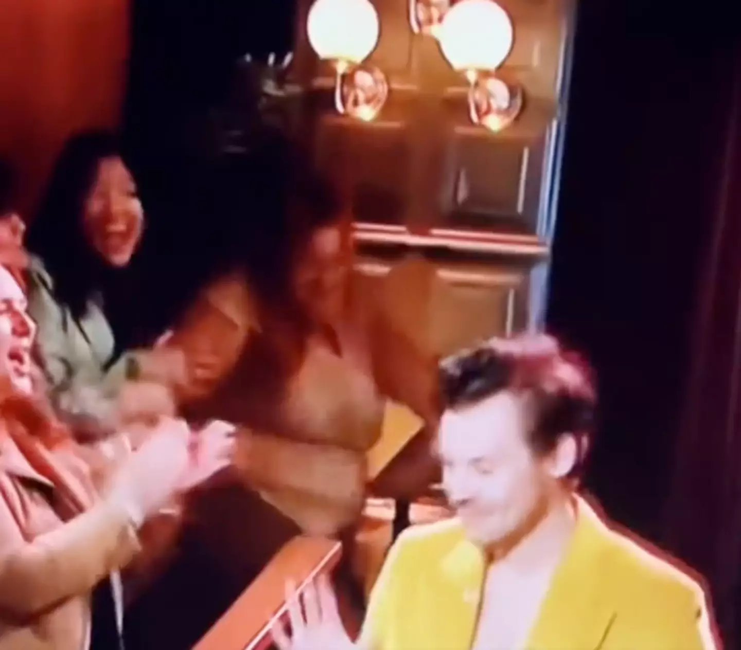A woman appeared to faint after being fist bumped by Harry Styles.