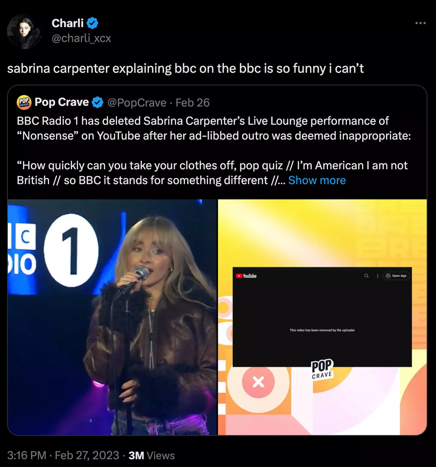 Why did BBC remove Sabrina Carpenter's Live Lounge from ?