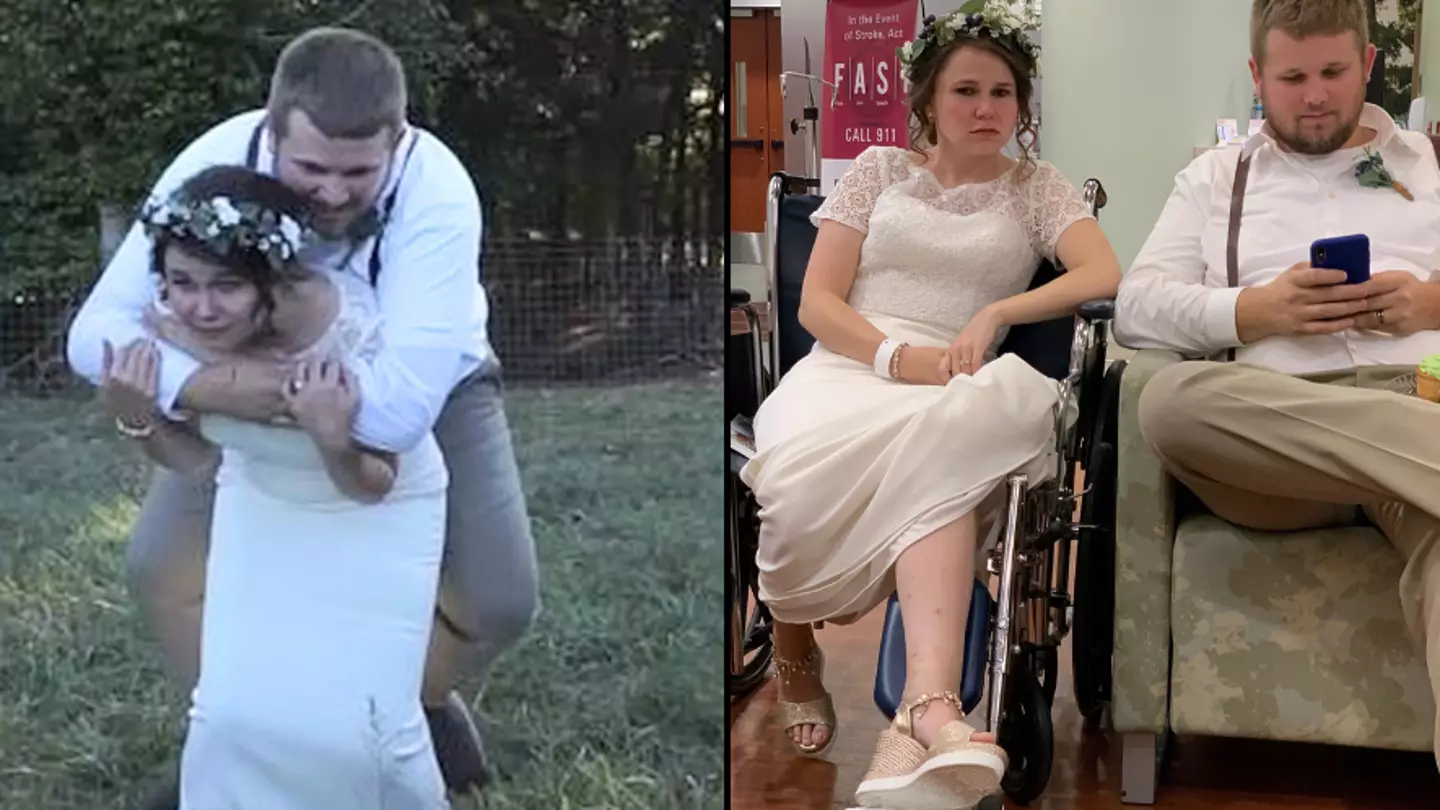 Couple forced to miss their £5.5k wedding reception after groom breaks bride's ankle during piggyback