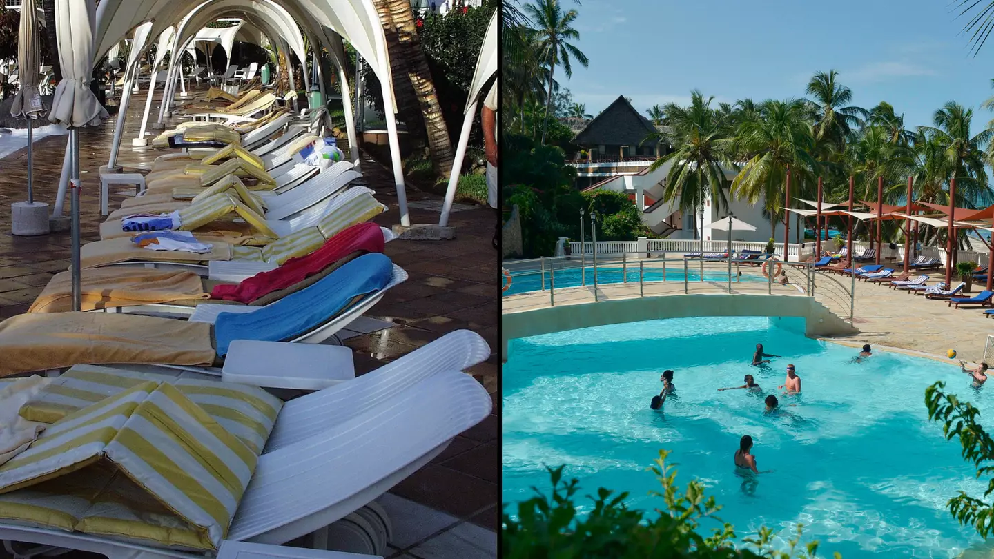 Hotel worker savagely removes reserved towels from sun lounges