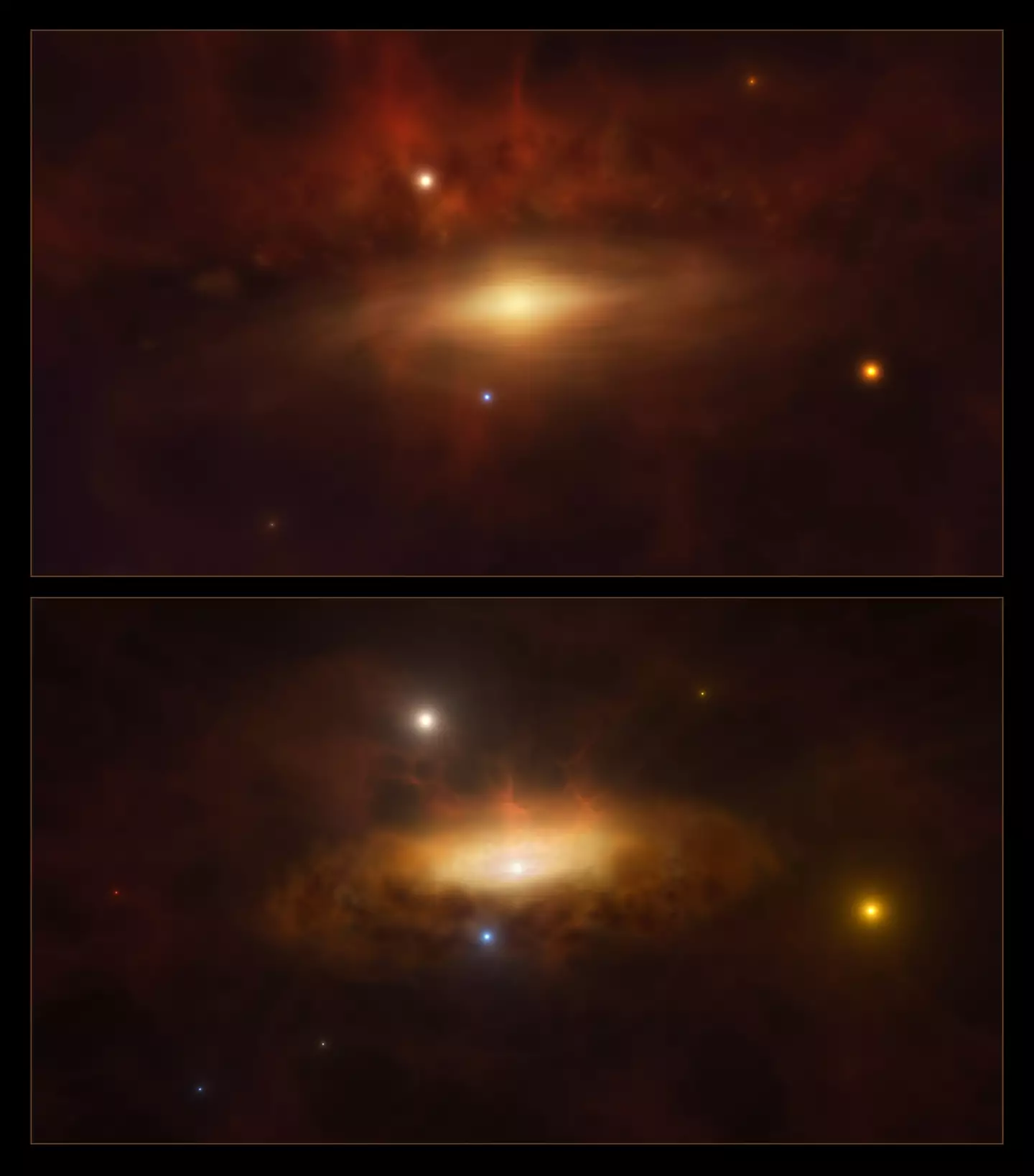 The top image is less bright than the bottom, which is the newer image showing the black hole's recent activity (ESO/M. Kornmesser)
